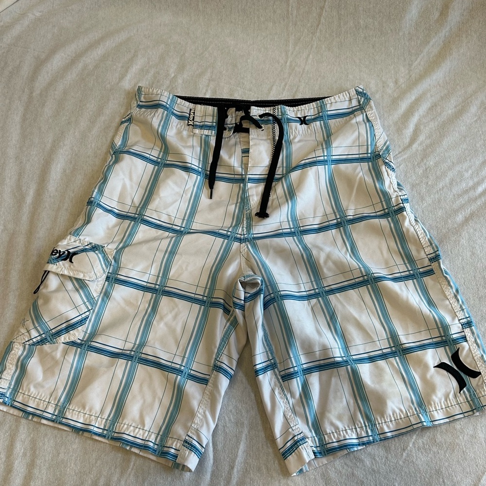 Hurley White and Blue Checkered Board Shorts